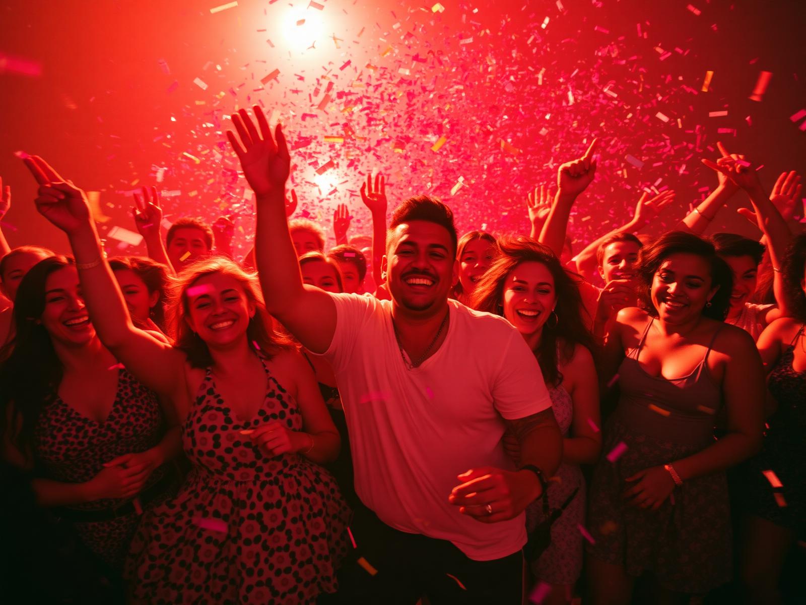 A crowd of people dancing joyfully under a shower of confetti